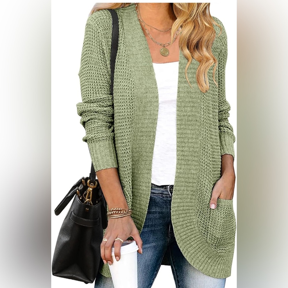 Women’s Long Sleeve Waffle Chunky Knit Cardigan Sweater Light Green Medium